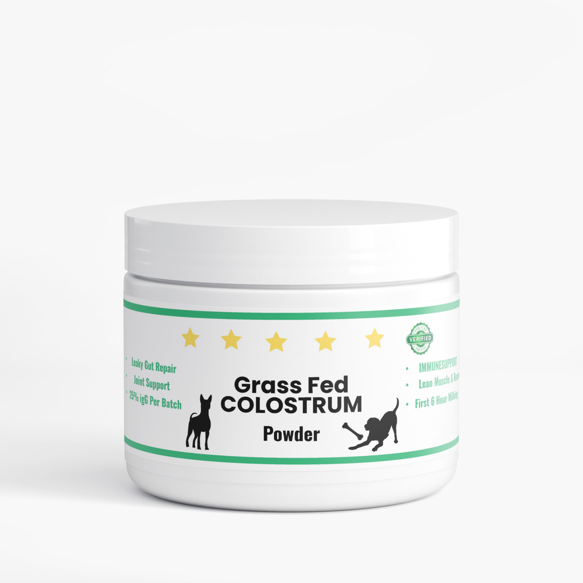 Grass Fed Colostrum Powder jar with green label and gold stars